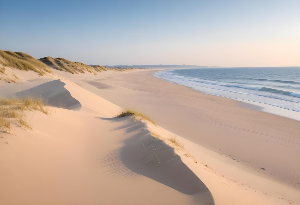 Sand Dunes On A Beach With A Blurred Blue Sky And Ocean In The Background 13 4810