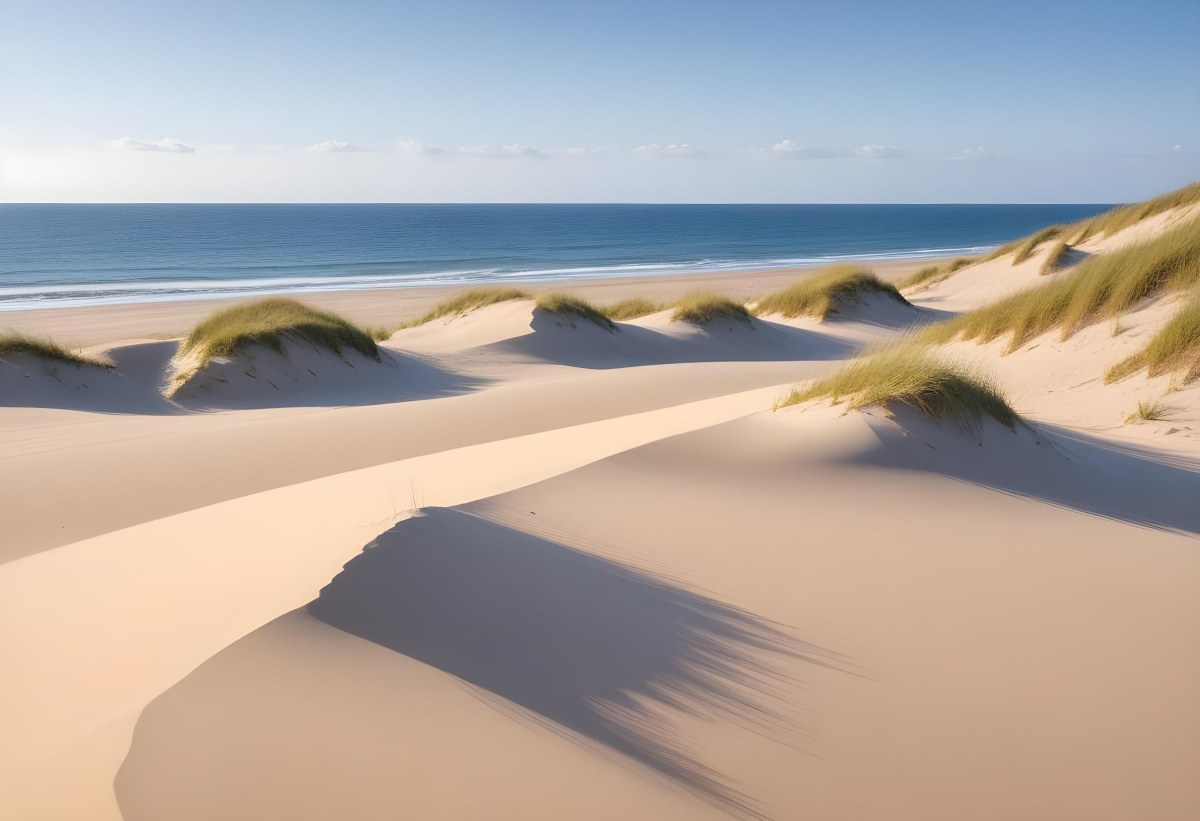 Sand Dunes On A Beach With A Blurred Blue Sky And Ocean In The Background 17 9b90