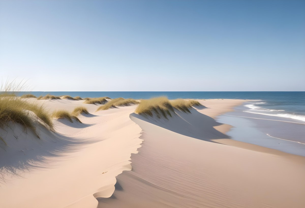 Sand Dunes On A Beach With A Blurred Blue Sky And Ocean In The Background 19 9ed6