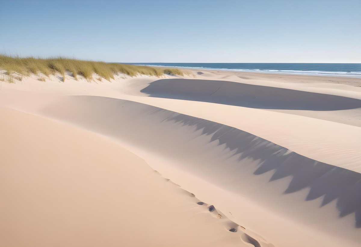 Sand Dunes On A Beach With A Blurred Blue Sky And Ocean In The Background 3 C41f