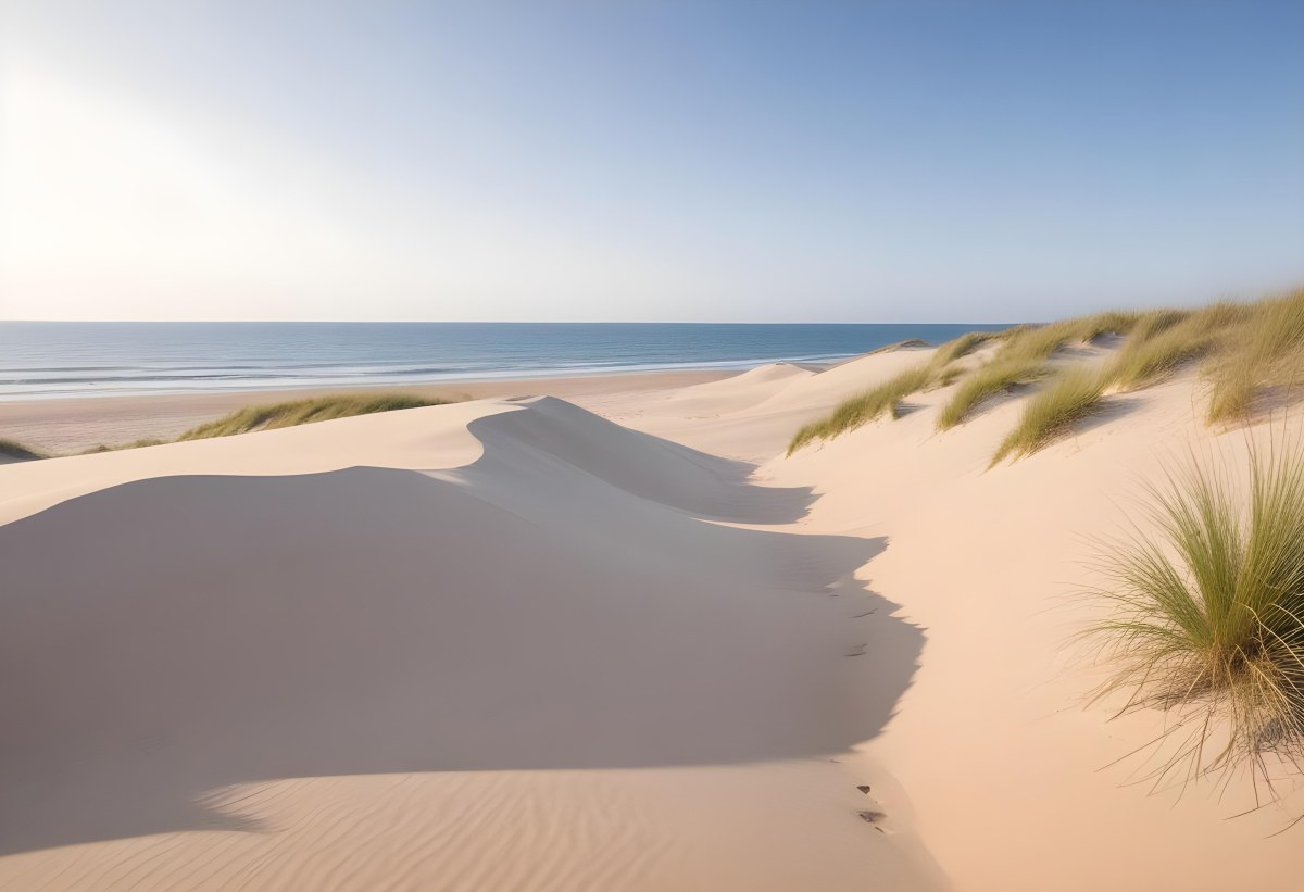 Sand Dunes On A Beach With A Blurred Blue Sky And Ocean In The Background 31 Cb4c