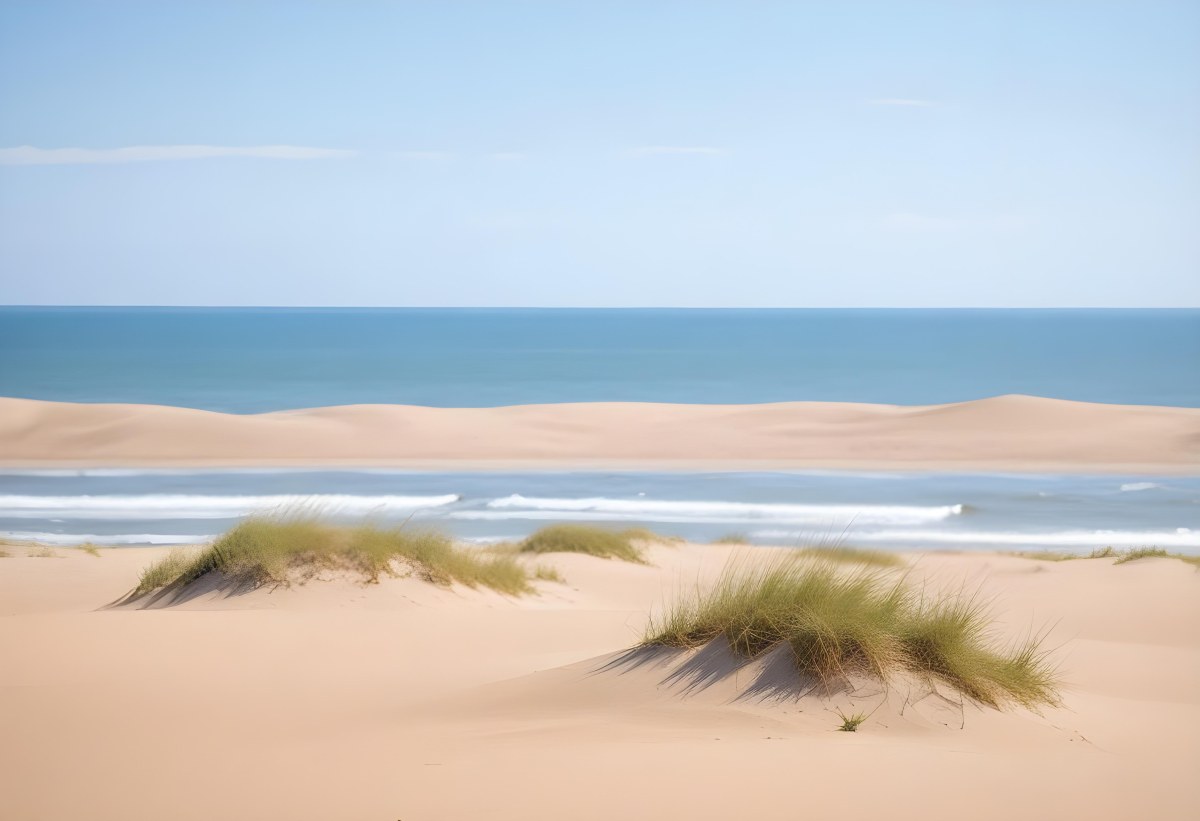 Sand Dunes On A Beach With A Blurred Blue Sky And Ocean In The Background 5 27b6