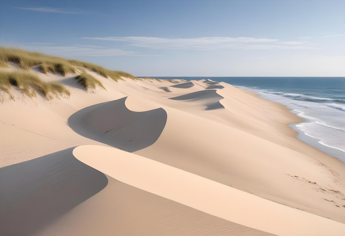 Sand Dunes On A Beach With A Blurred Blue Sky And Ocean In The Background 6 046f