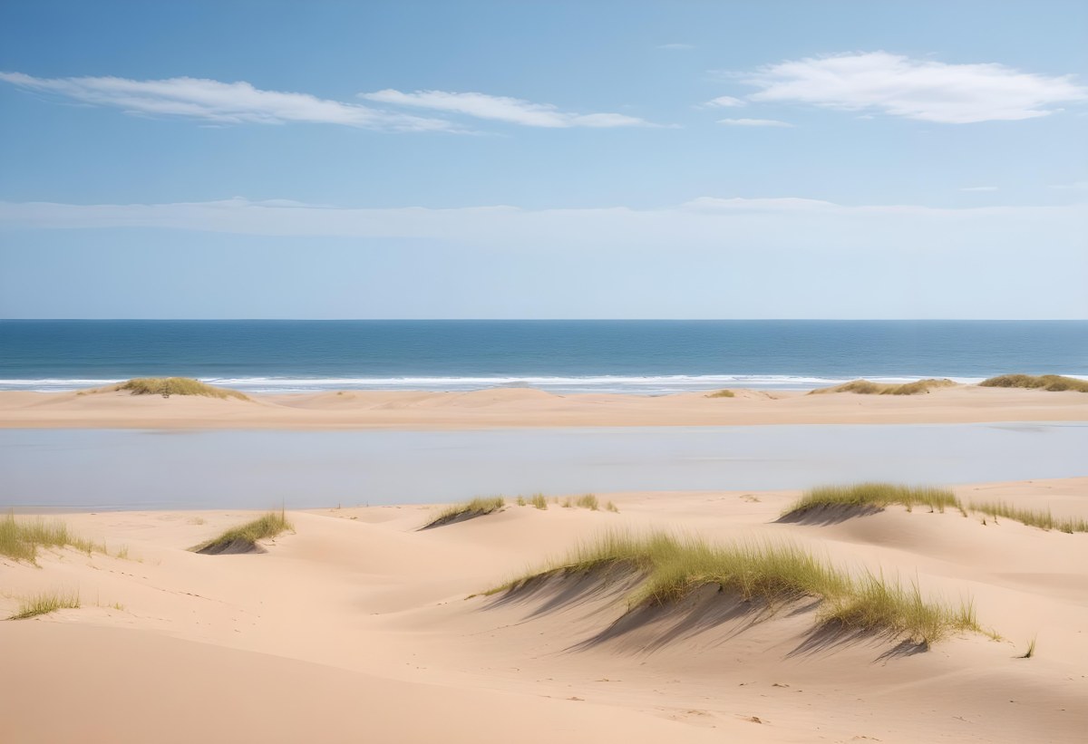 Sand Dunes On A Beach With A Blurred Blue Sky And Ocean In The Background 8 0d8c