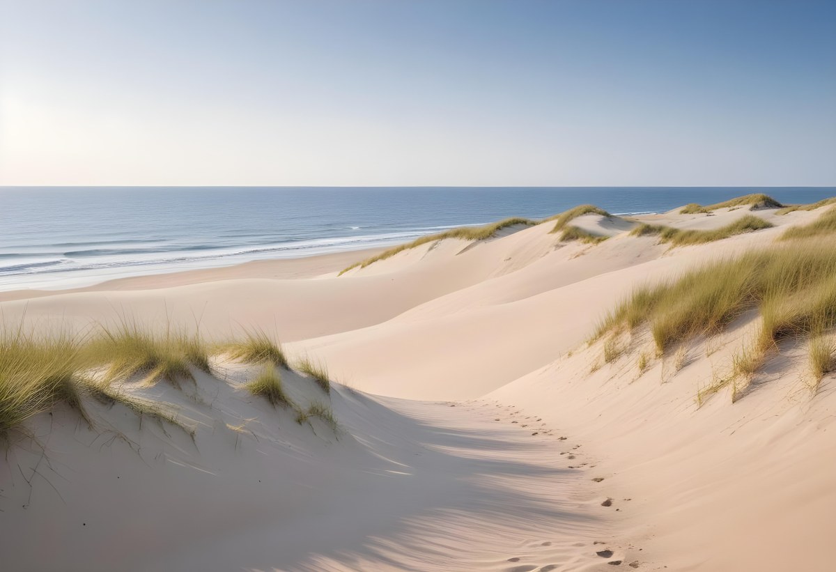 Sand Dunes On A Beach With A Blurred Blue Sky And Ocean In The Background 9 Ce3c