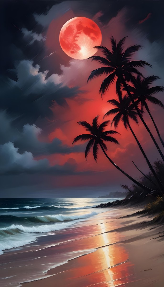 Silhouette Of Palm Trees On A Beach At Night With A Red Full Moon In The Sky Dark Clouds And Ocean Waves 11 99d7