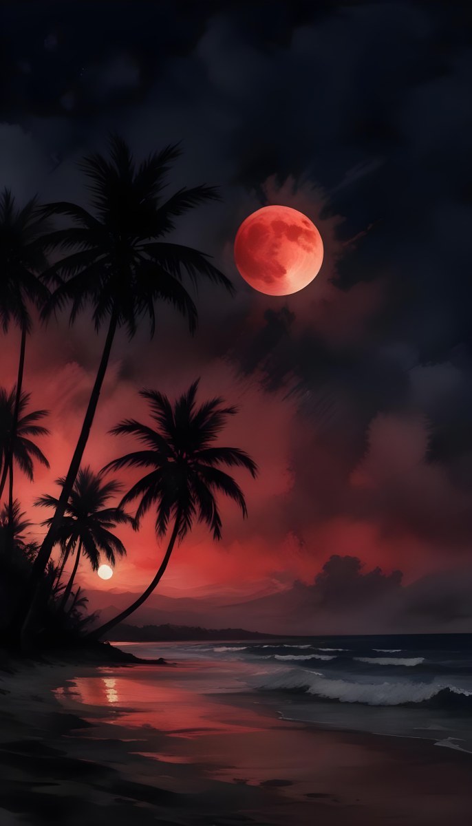 Silhouette Of Palm Trees On A Beach At Night With A Red Full Moon In The Sky Dark Clouds And Ocean Waves 13 41cb