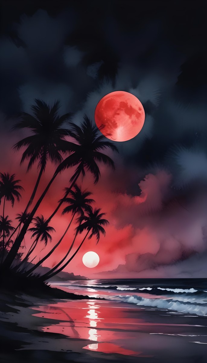 Silhouette Of Palm Trees On A Beach At Night With A Red Full Moon In The Sky Dark Clouds And Ocean Waves 14 9434