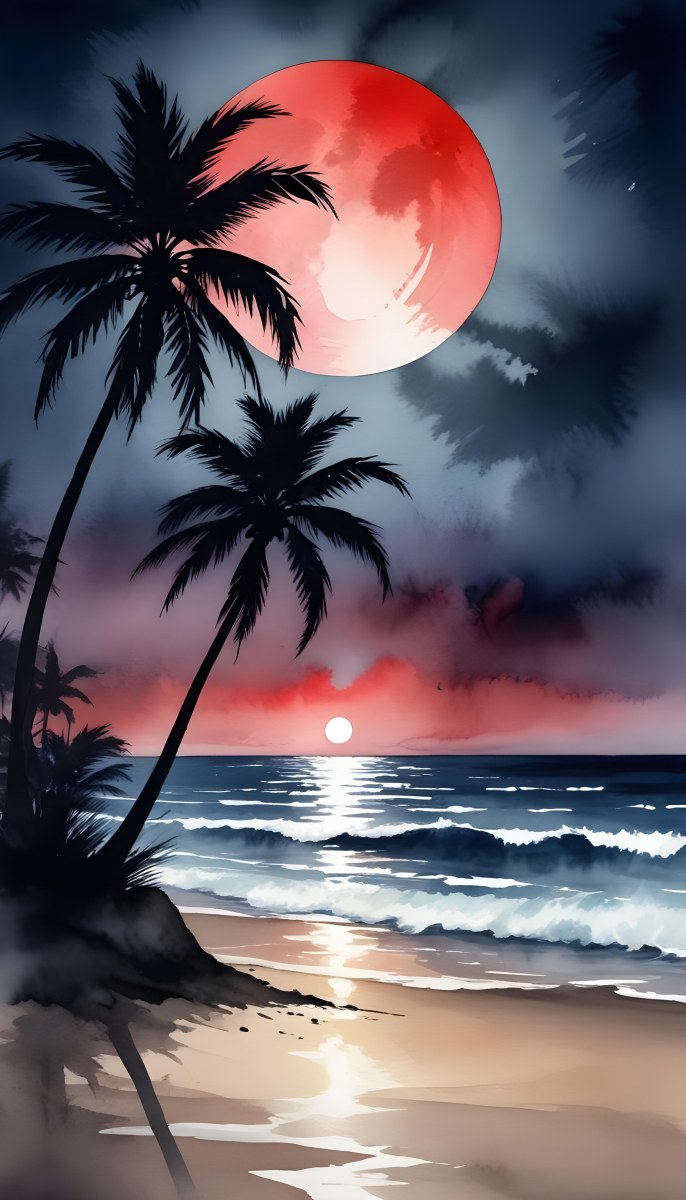 Silhouette Of Palm Trees On A Beach At Night With A Red Full Moon In The Sky Dark Clouds And Ocean Waves 20 911d