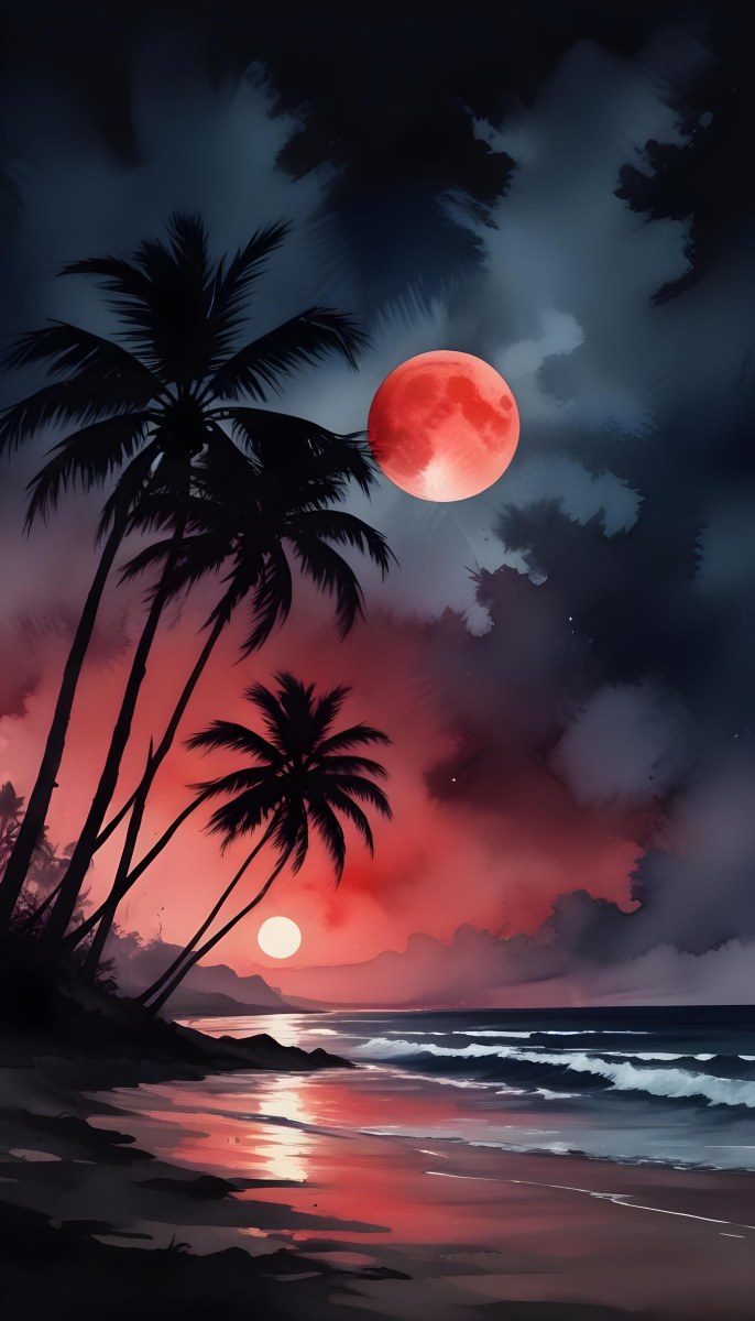 Silhouette Of Palm Trees On A Beach At Night With A Red Full Moon In The Sky Dark Clouds And Ocean Waves 21 49a2