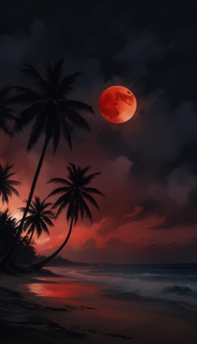 Silhouette Of Palm Trees On A Beach At Night With A Red Full Moon In The Sky Dark Clouds And Ocean Waves 23 7c9c