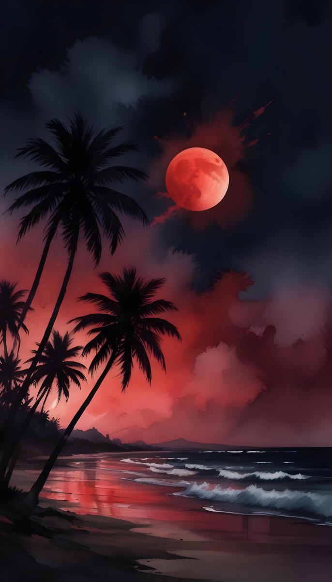 Silhouette Of Palm Trees On A Beach At Night With A Red Full Moon In The Sky Dark Clouds And Ocean Waves 26 98fa