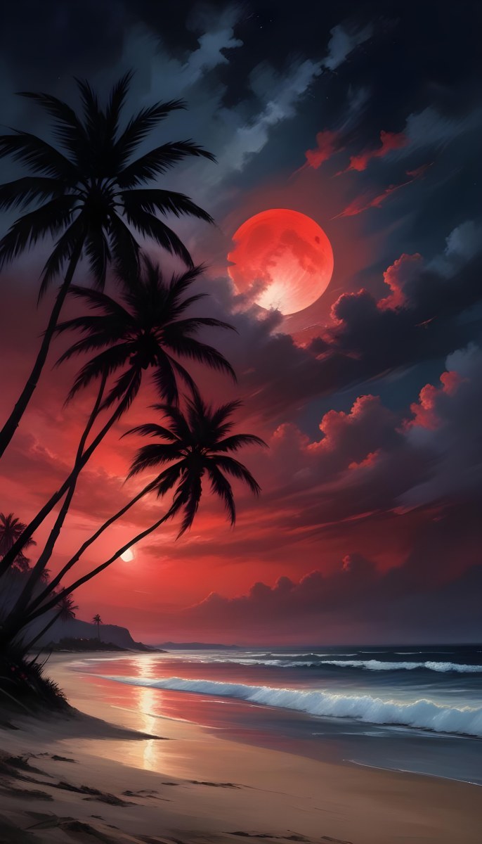 Silhouette Of Palm Trees On A Beach At Night With A Red Full Moon In The Sky Dark Clouds And Ocean Waves 4 317d