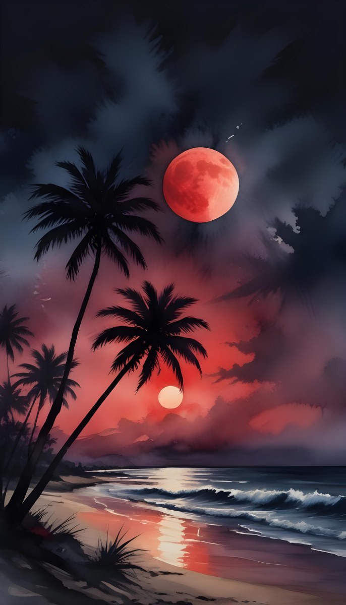 Silhouette Of Palm Trees On A Beach At Night With A Red Full Moon In The Sky Dark Clouds And Ocean Waves 4 C5e5