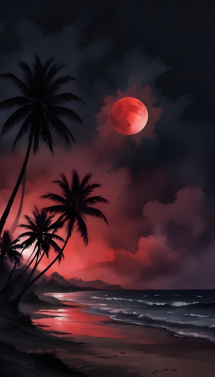 Silhouette Of Palm Trees On A Beach At Night With A Red Full Moon In The Sky Dark Clouds And Ocean Waves 4 D182