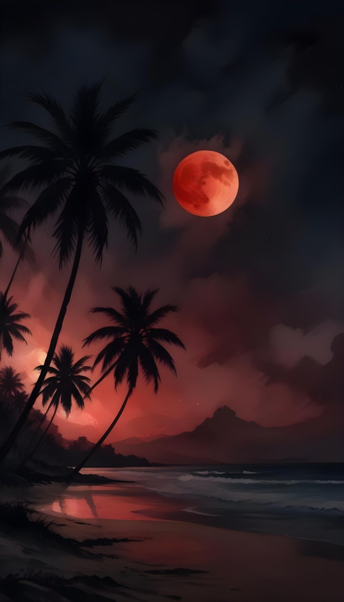 Silhouette Of Palm Trees On A Beach At Night With A Red Full Moon In The Sky Dark Clouds And Ocean Waves 5 17f1