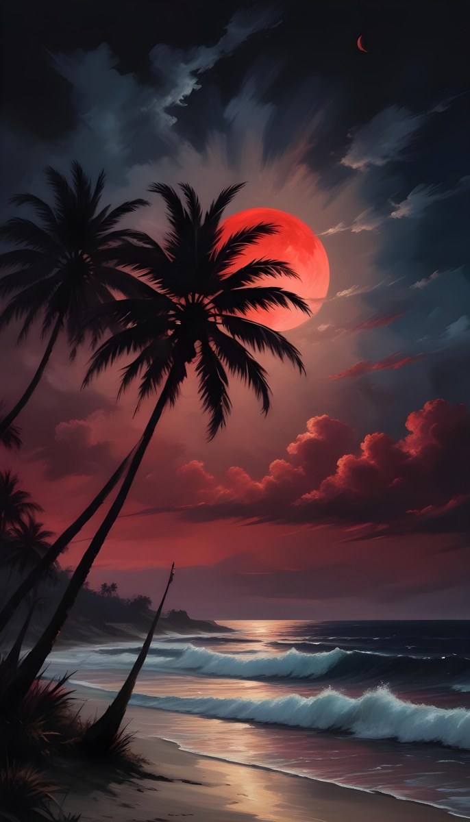 Silhouette Of Palm Trees On A Beach At Night With A Red Full Moon In The Sky Dark Clouds And Ocean Waves 5 D8a6