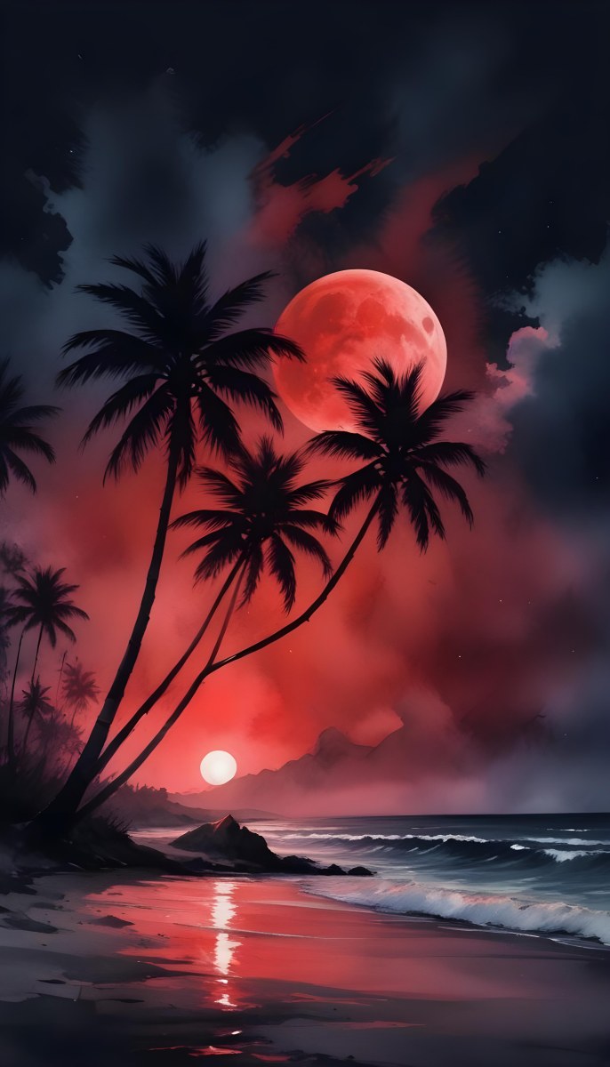 Silhouette Of Palm Trees On A Beach At Night With A Red Full Moon In The Sky Dark Clouds And Ocean Waves 6 175e