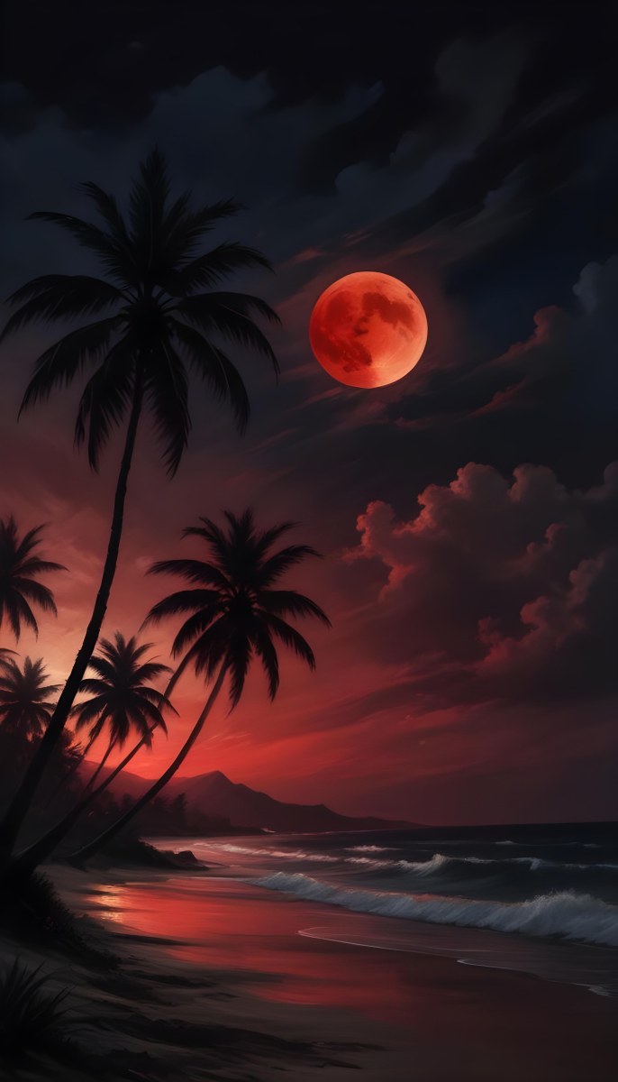 Silhouette Of Palm Trees On A Beach At Night With A Red Full Moon In The Sky Dark Clouds And Ocean Waves 6 Db9d