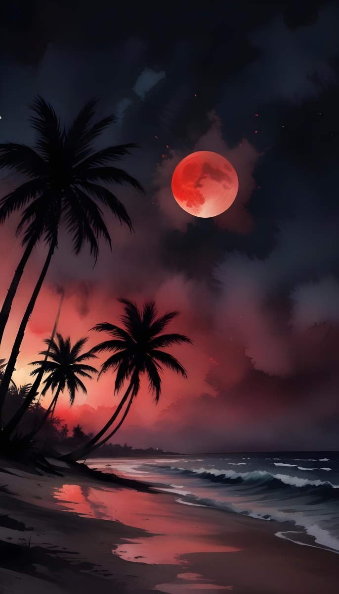 Silhouette Of Palm Trees On A Beach At Night With A Red Full Moon In The Sky Dark Clouds And Ocean Waves 7 7381