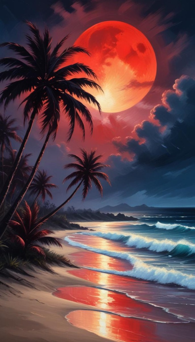 Silhouette Of Palm Trees On A Beach At Night With A Red Full Moon In The Sky Dark Clouds And Ocean Waves 7 E6c2