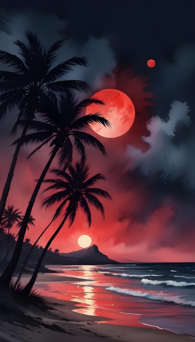 Silhouette Of Palm Trees On A Beach At Night With A Red Full Moon In The Sky Dark Clouds And Ocean Waves 8 D442