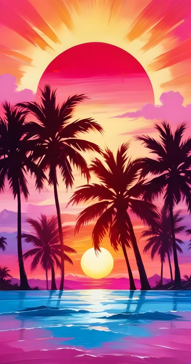 Silhouettes Of Palm Trees Against A Vibrant Pink And Orange Sunset Sky 228 6856