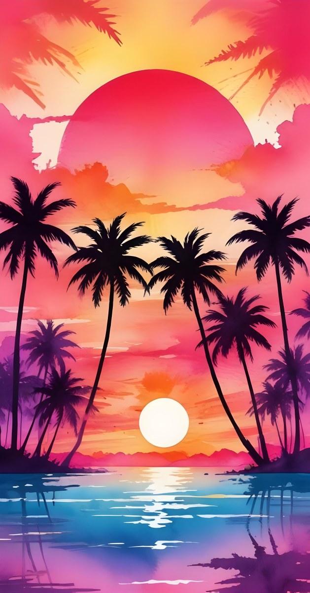 Silhouettes Of Palm Trees Against A Vibrant Pink And Orange Sunset Sky 339 47dc