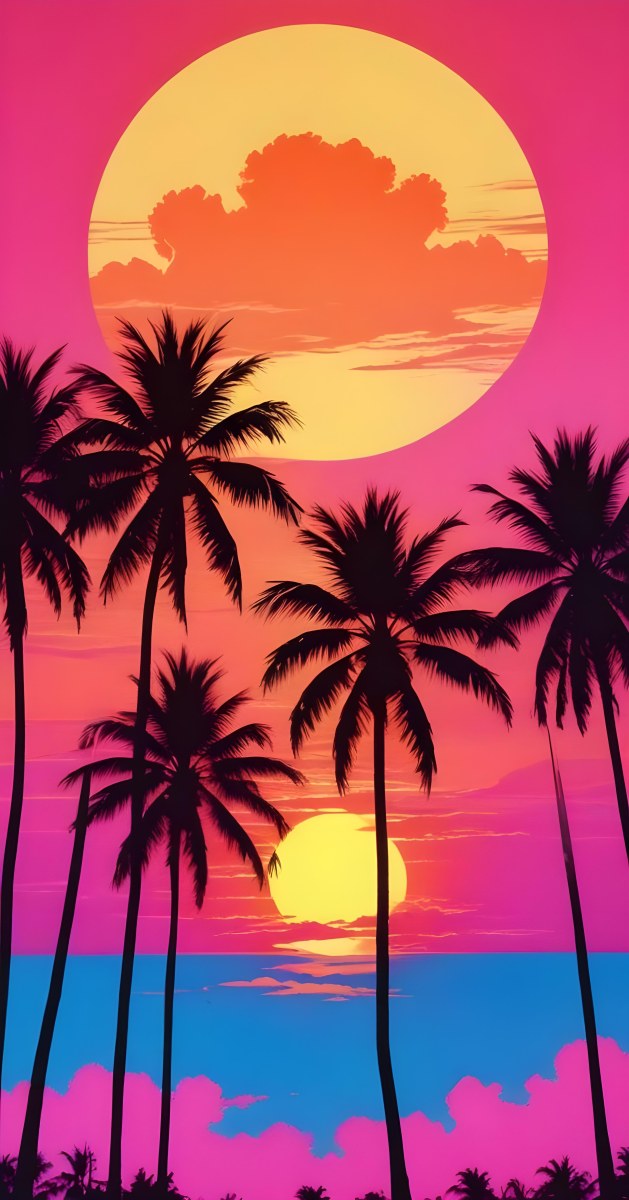 Silhouettes Of Palm Trees Against A Vibrant Pink And Orange Sunset Sky 609 6907