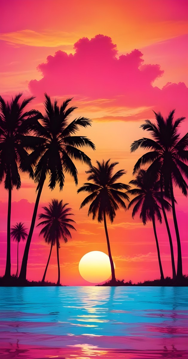 Silhouettes Of Palm Trees Against A Vibrant Pink And Orange Sunset Sky 90 B5f7