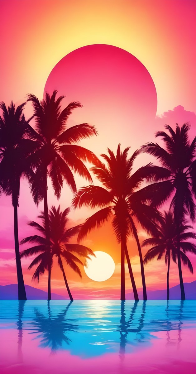 Silhouettes Of Palm Trees Against A Vibrant Pink And Orange Sunset Sky 97 416b