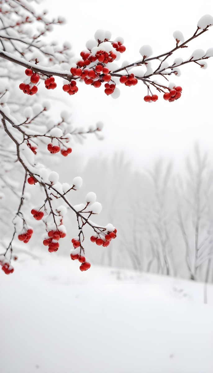 Snowy Branches With Red Berries Winter Landscape With Blurred Background 28 098b