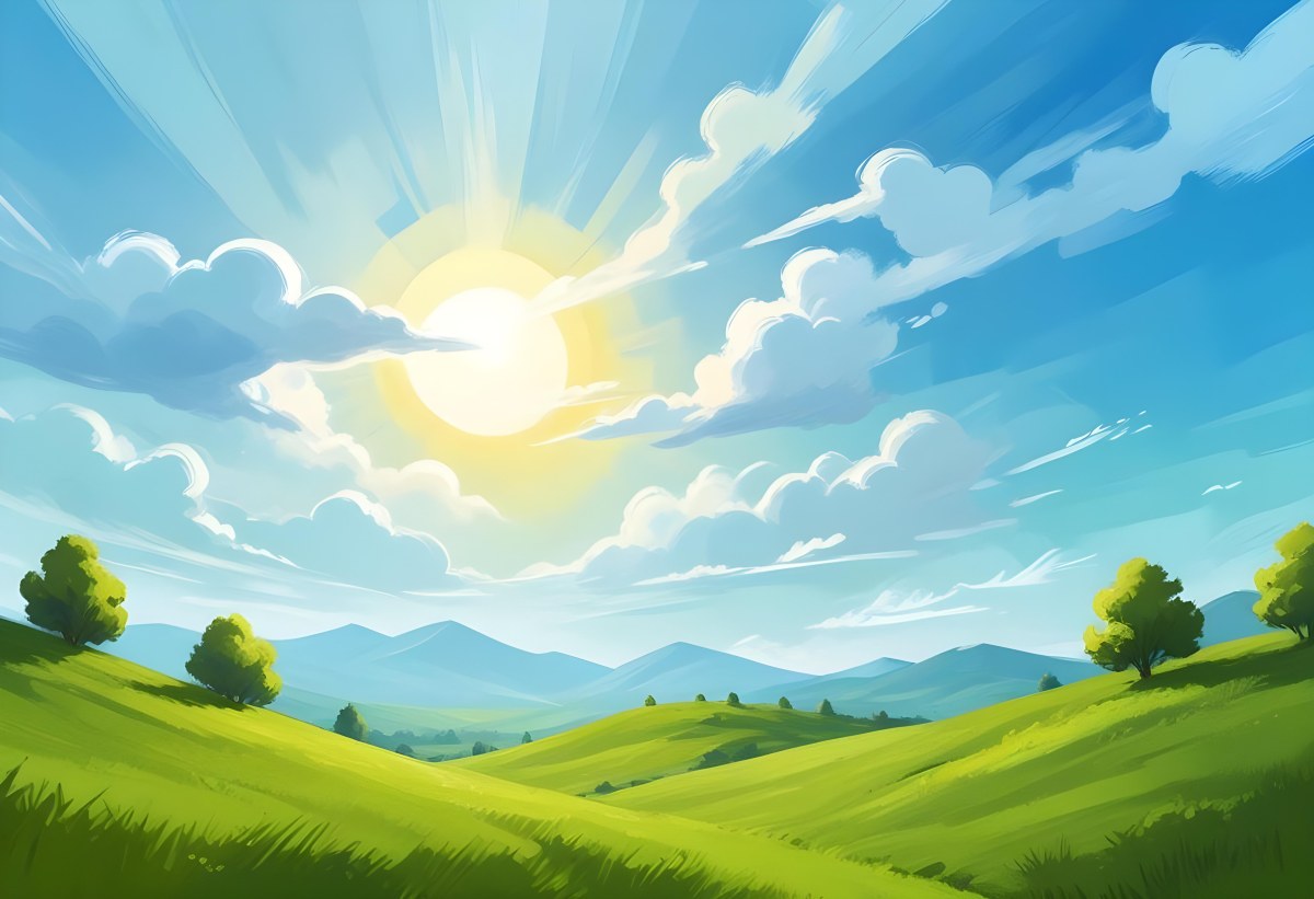 Sunny Day With Blue Hills And A Green Sky With Clouds Bright Sun In The Center Cartoonish Style Vibrant Colors Peaceful Landscape 17 Fa9c