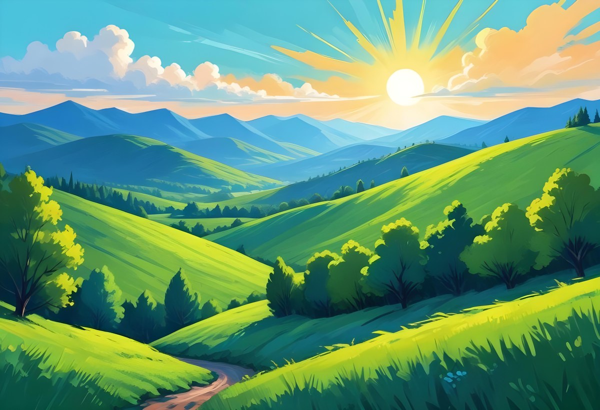 Sunny Day With Blue Hills And A Green Sky With Clouds Bright Sun In The Center Cartoonish Style Vibrant Colors Peaceful Landscape 20 61ed