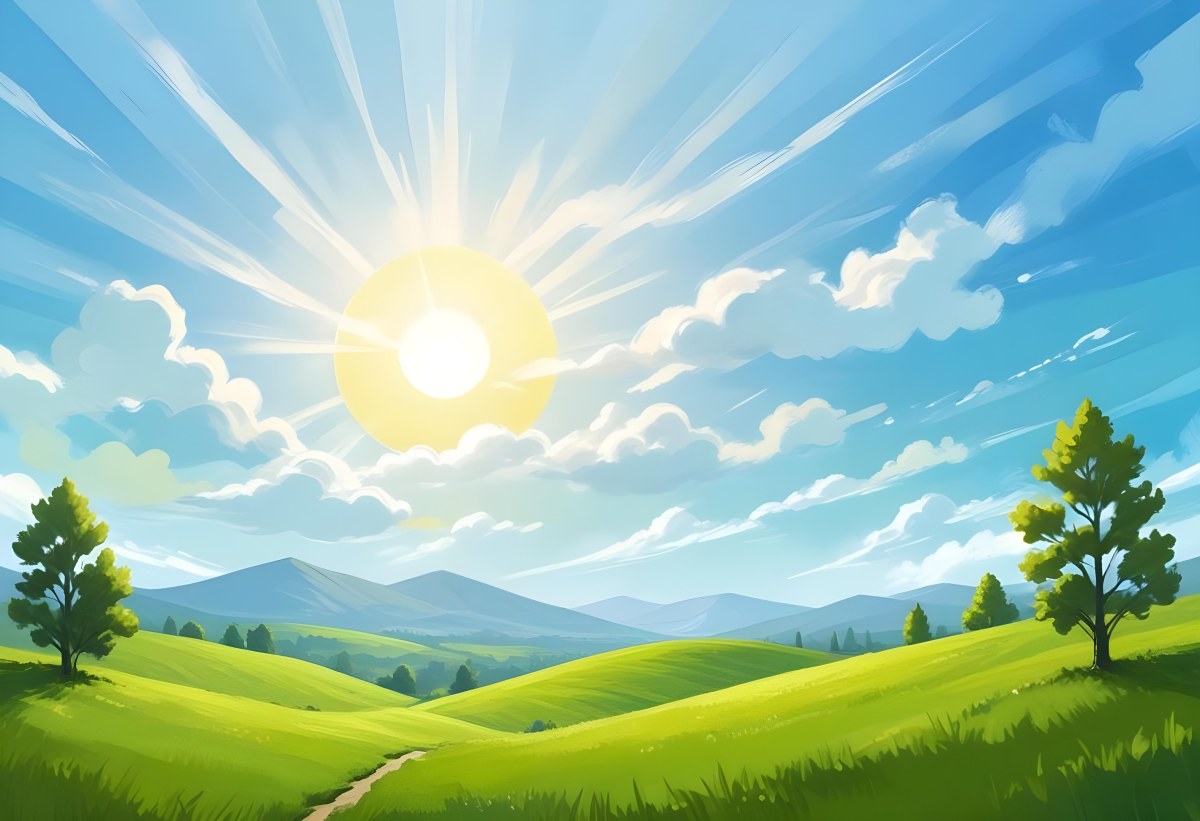 Sunny Day With Blue Hills And A Green Sky With Clouds Bright Sun In The Center Cartoonish Style Vibrant Colors Peaceful Landscape 25 Cdbe