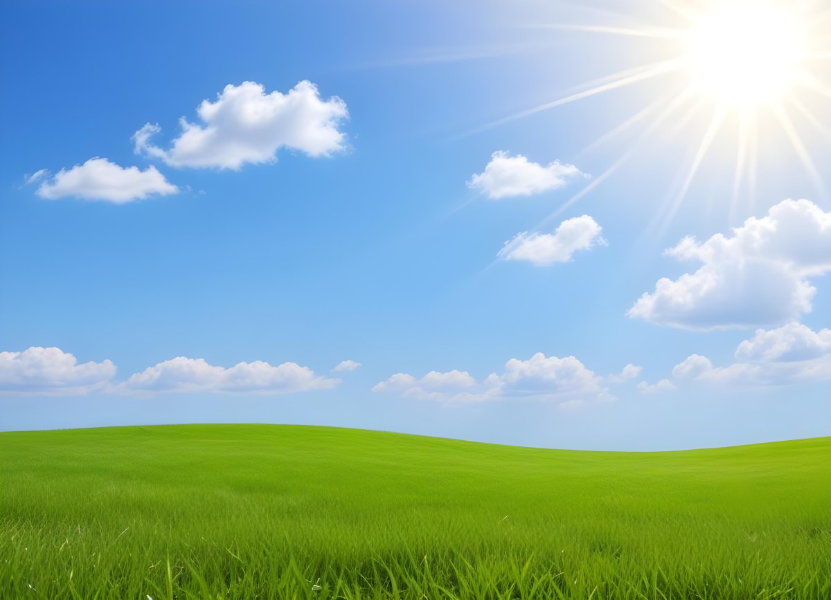 Sunny Day With Blue Hills And A Green Sky With Clouds Bright Sun In The Center Cartoonish Style Vibrant Colors Peaceful Landscape 29 1df8