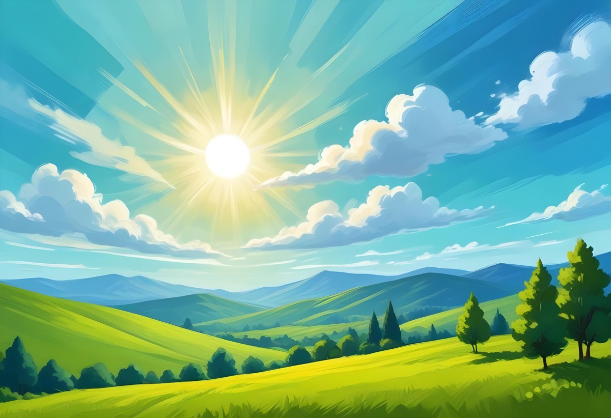 Sunny Day With Blue Hills And A Green Sky With Clouds Bright Sun In The Center Cartoonish Style Vibrant Colors Peaceful Landscape 32 64fe