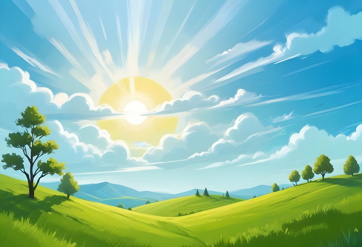 Sunny Day With Blue Hills And A Green Sky With Clouds Bright Sun In The Center Cartoonish Style Vibrant Colors Peaceful Landscape 38 Daa1