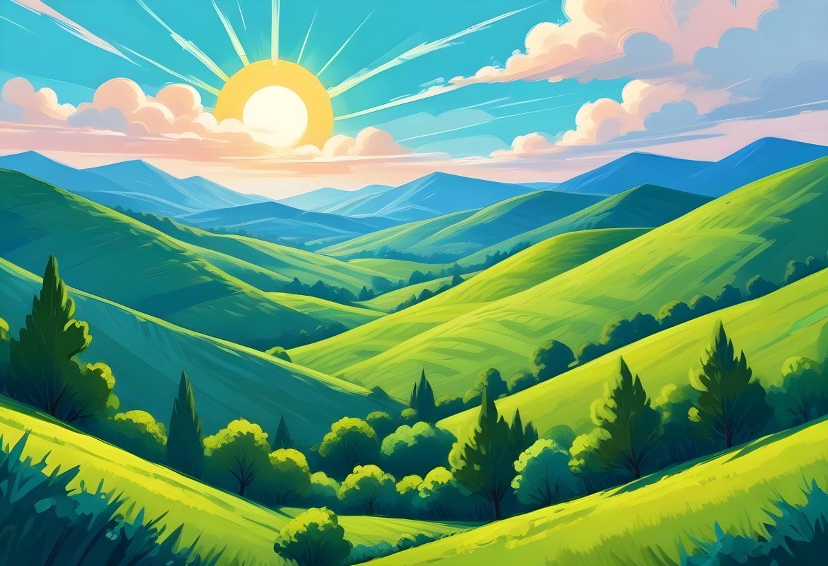Sunny Day With Blue Hills And A Green Sky With Clouds Bright Sun In The Center Cartoonish Style Vibrant Colors Peaceful Landscape 4 9af3