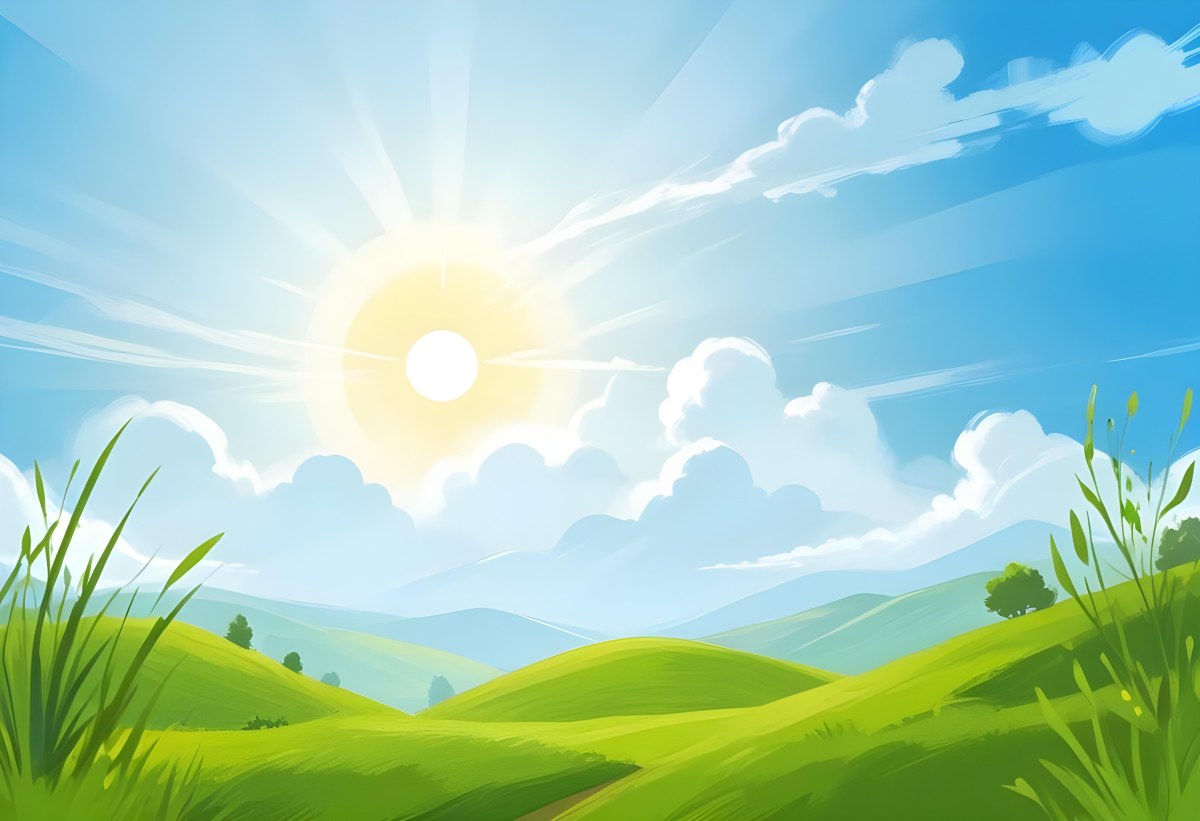 Sunny Day With Blue Hills And A Green Sky With Clouds Bright Sun In The Center Cartoonish Style Vibrant Colors Peaceful Landscape 44 6550