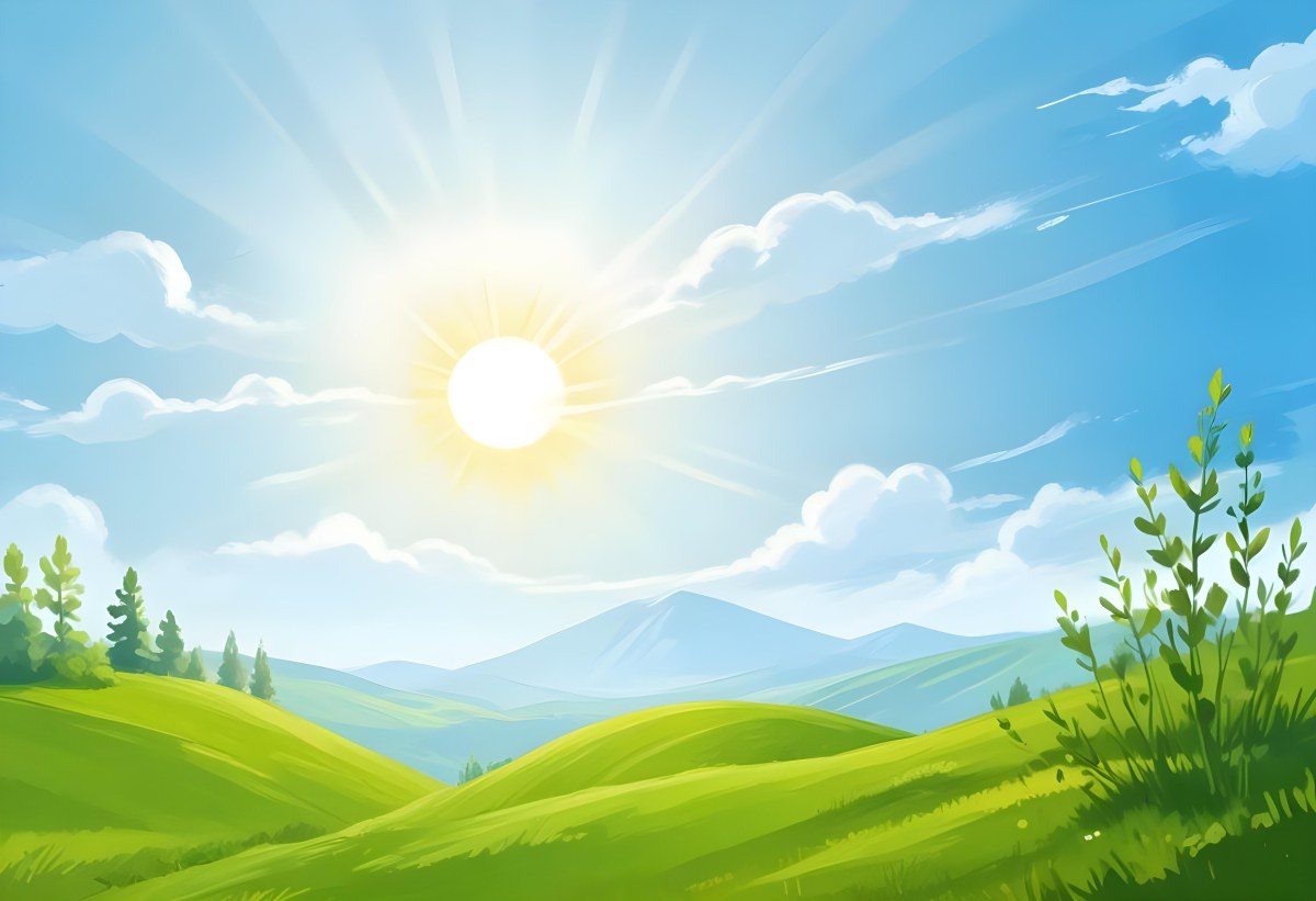 Sunny Day With Blue Hills And A Green Sky With Clouds Bright Sun In The Center Cartoonish Style Vibrant Colors Peaceful Landscape 47 11e1