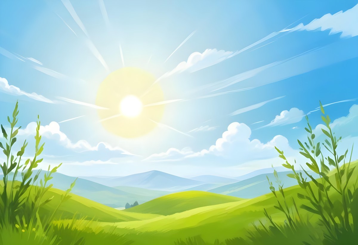 Sunny Day With Blue Hills And A Green Sky With Clouds Bright Sun In The Center Cartoonish Style Vibrant Colors Peaceful Landscape 48 D0d2