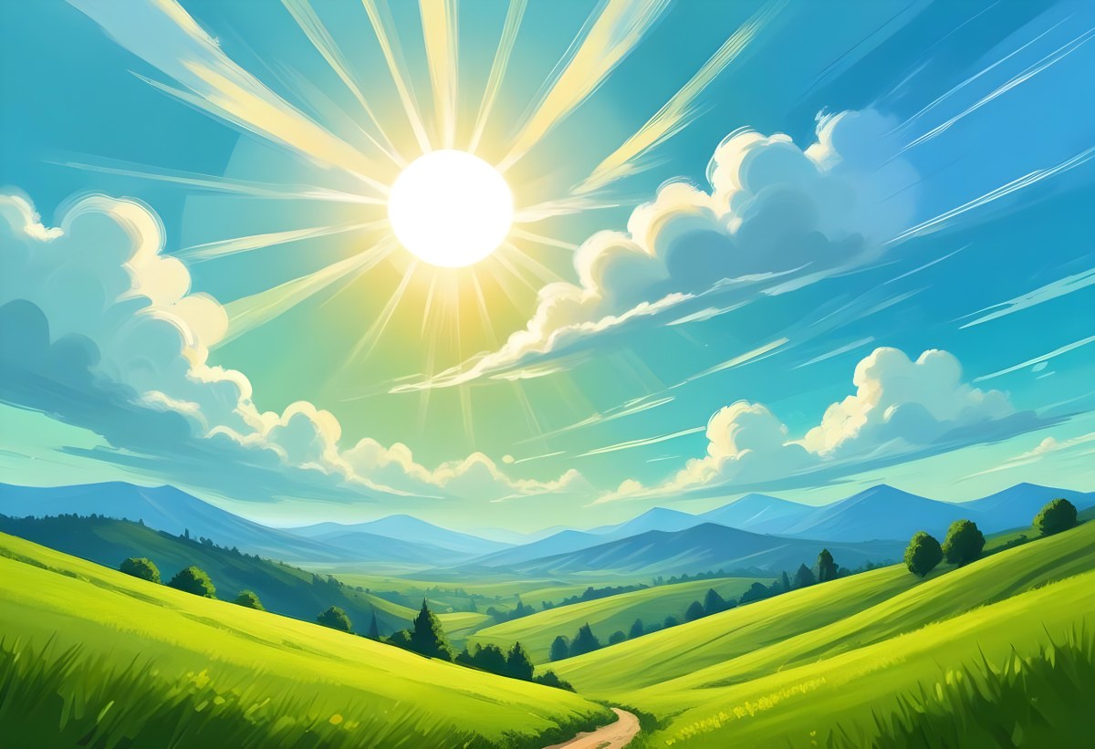 Sunny Day With Blue Hills And A Green Sky With Clouds Bright Sun In The Center Cartoonish Style Vibrant Colors Peaceful Landscape 5 E282