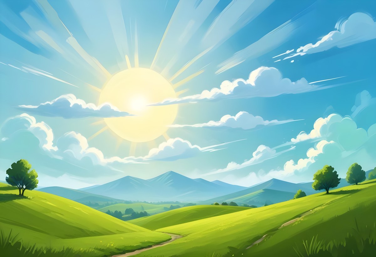 Sunny Day With Blue Hills And A Green Sky With Clouds Bright Sun In The Center Cartoonish Style Vibrant Colors Peaceful Landscape 50 9a45