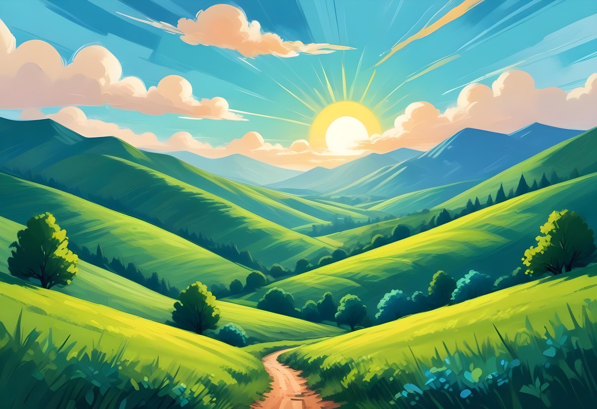 Sunny Day With Blue Hills And A Green Sky With Clouds Bright Sun In The Center Cartoonish Style Vibrant Colors Peaceful Landscape 6 3bb0