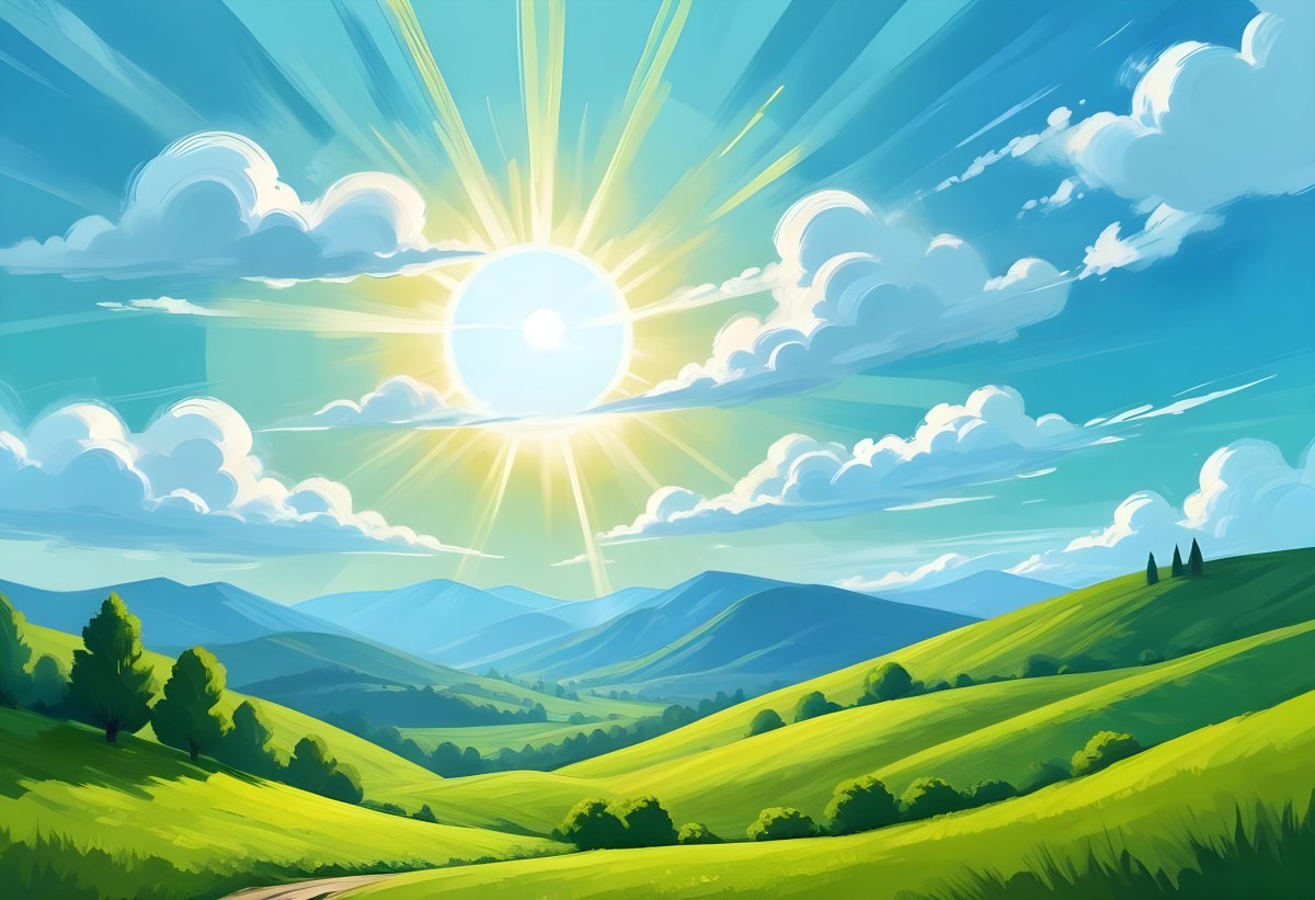 Sunny Day With Blue Hills And A Green Sky With Clouds Bright Sun In The Center Cartoonish Style Vibrant Colors Peaceful Landscape 7 9010