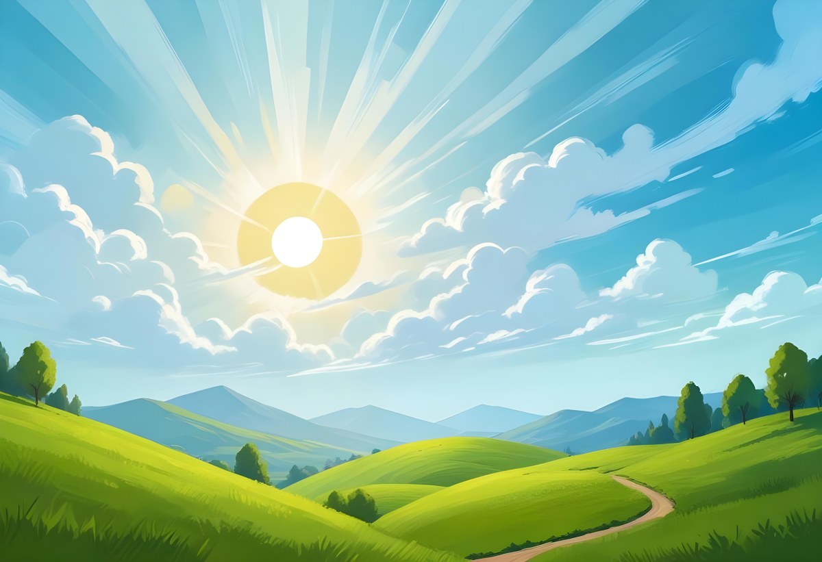 Sunny Day With Blue Hills And A Green Sky With Clouds Bright Sun In The Center Cartoonish Style Vibrant Colors Peaceful Landscape 8 450b