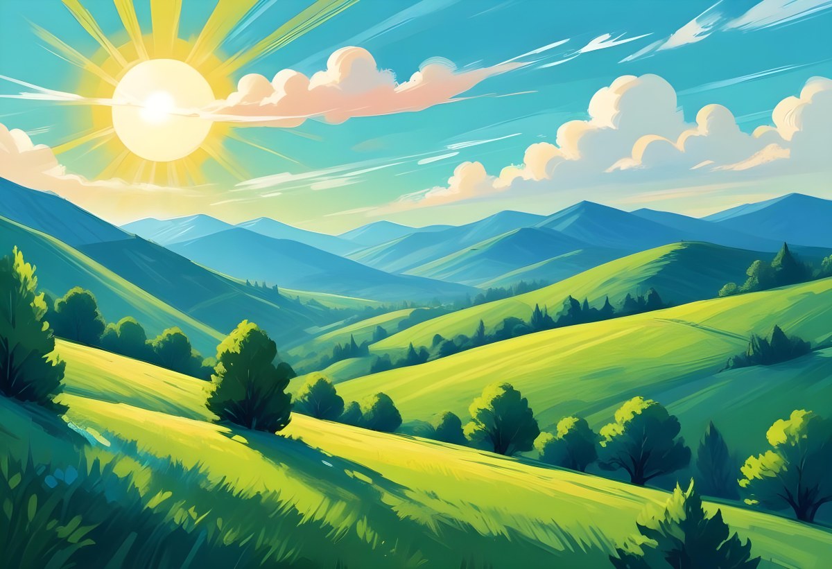 Sunny Day With Blue Hills And A Green Sky With Clouds Bright Sun In The Center Cartoonish Style Vibrant Colors Peaceful Landscape 9 83fc