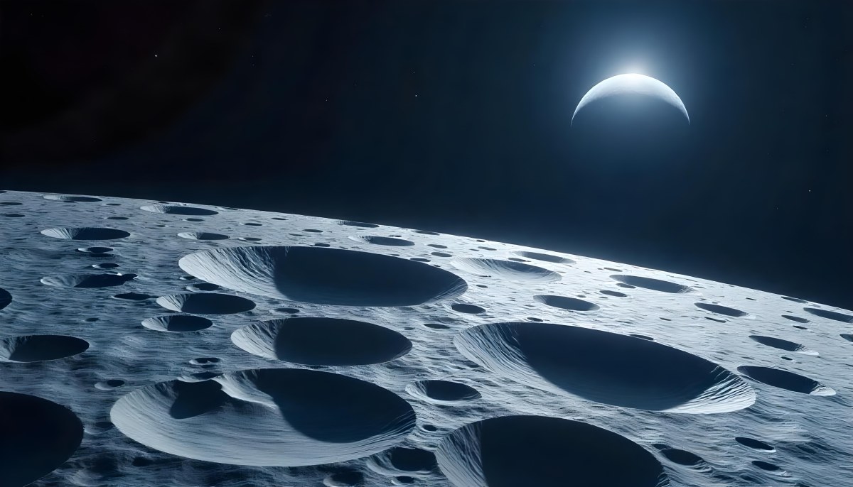 The Moon Surface With Many Craters And The Earth In The Background Both Illuminated By A Bright Light In A Bright Space 13 C972