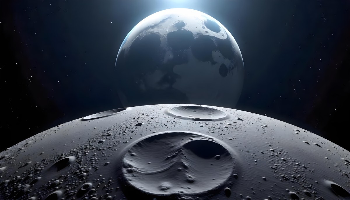 The Moon Surface With Many Craters And The Earth In The Background Both Illuminated By A Bright Light In A Bright Space 14 Da2e